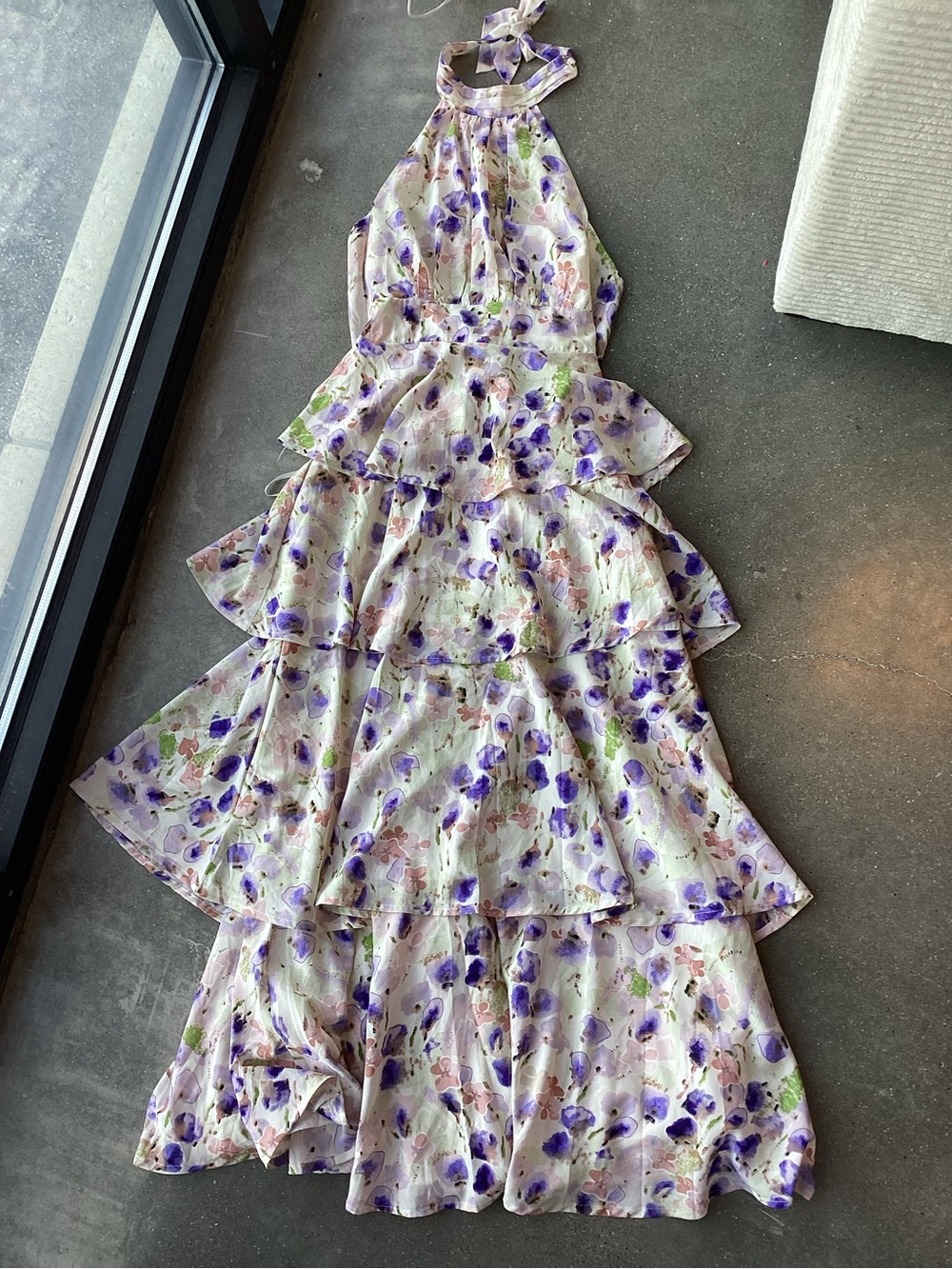 Floral Tiered Halter Maxi Dress in Lavender and Cream